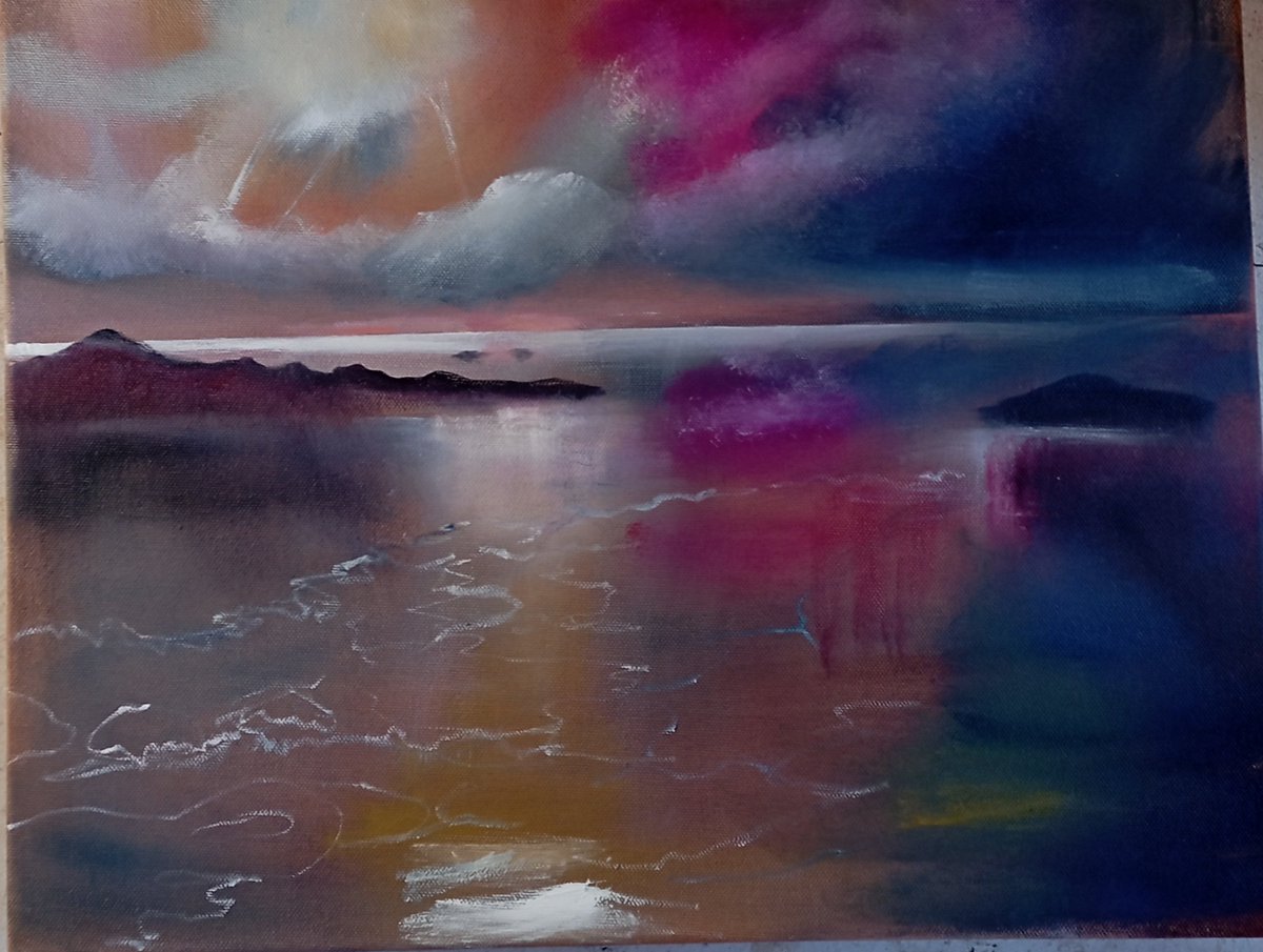 charitymcardle's tweet photo. A little on on sale. ยฃ95 plus postage. Oil on canvas. 35x45cm and it is called 'View from the back of a Calmac Ferry'
#islayvisit #calmacferries #highlandsandislands #visitscotland #richcolours #oceanvibes https://t.co/eKZaTV4RCp