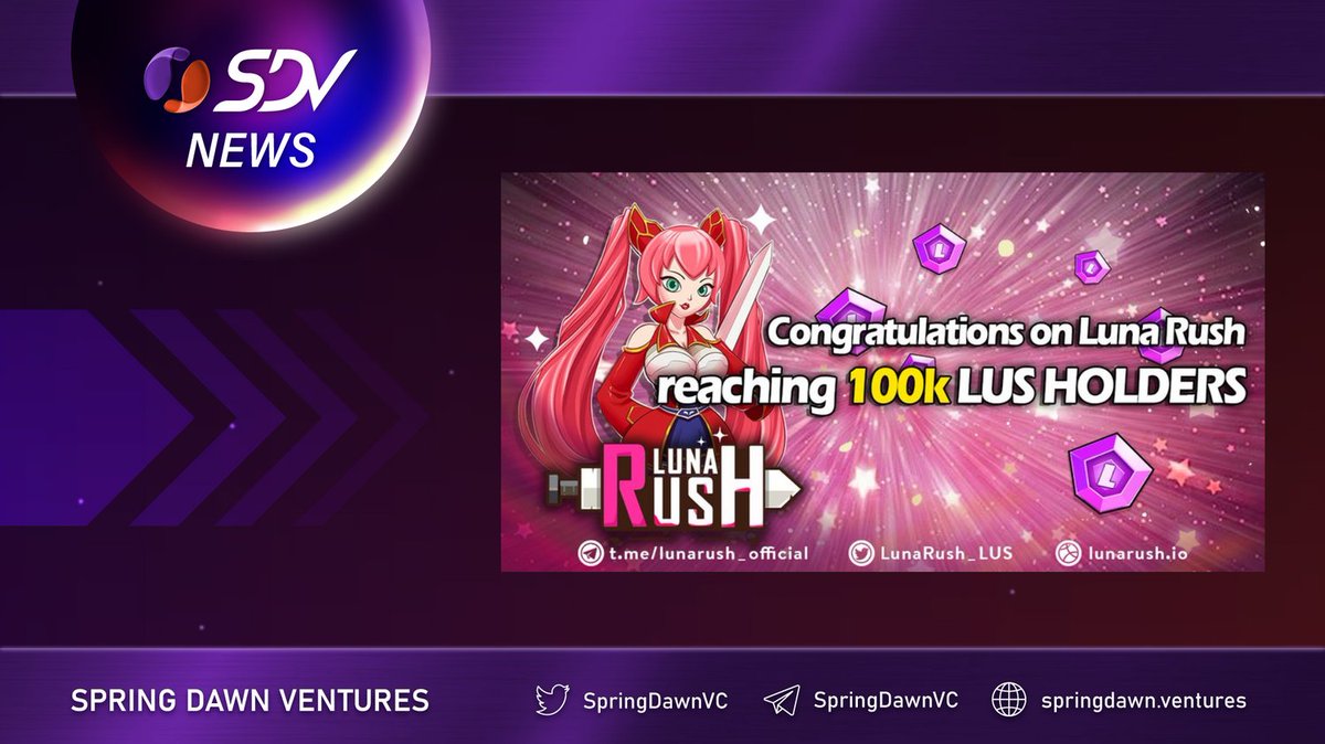 DancingStarVC's tweet photo. 📢SDV NEWS📢

💎$LUS HAS JUST GOT 100,000 HOLDERS!💎

🔥Great news! Luna Rush has reached another milestone as our $LUS token has recently got more than 100,000 holders!🚀🚀🚀

❤️Congratulations #LunaRush❤️

#SDV #SpringDawnVentures https://t.co/PjrMlQB6OW