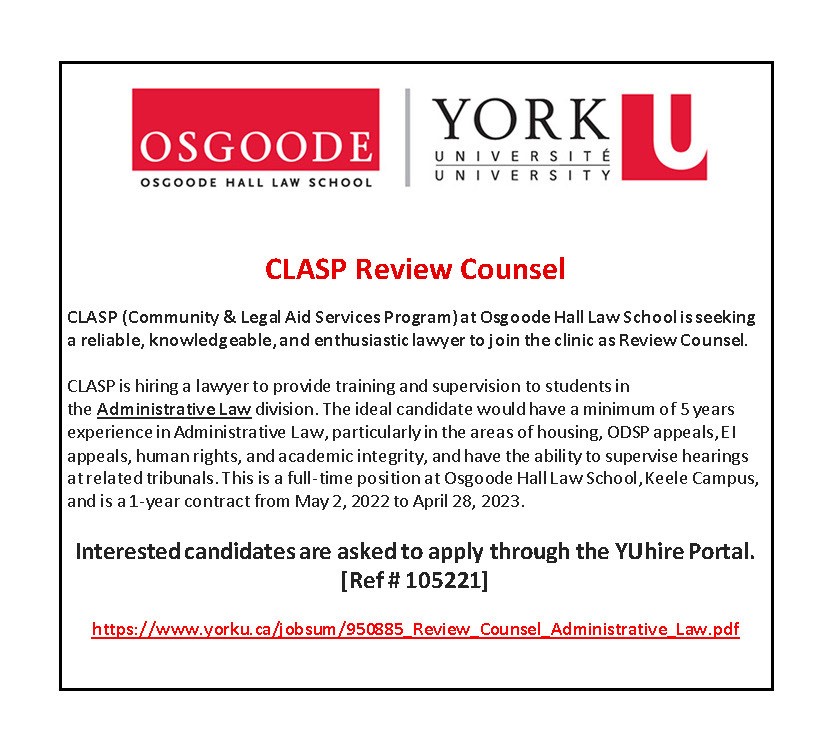 CLASPclinic's tweet photo. CLASP is hiring a lawyer for its Administrative Law Division! Further info can be found the poster below. Interested candidates should apply through the YUhire Portal: https://t.co/KacYgNRYij https://t.co/jKtYYQTZPD