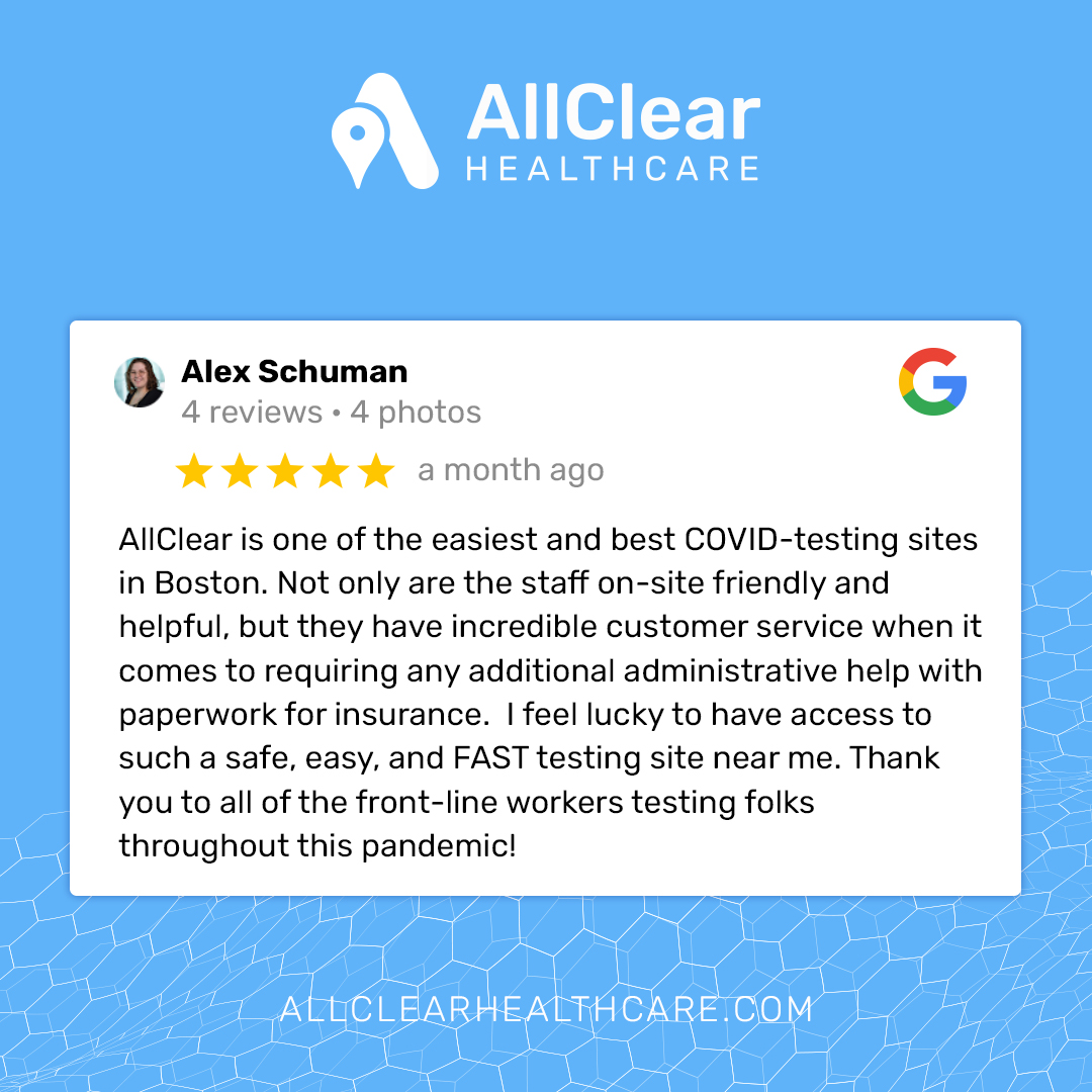 AllClearHC's tweet photo. If you have visited one of our #testingsites why not give us a #Google review, too?

This helps us to reach more people who are looking for fast and efficient #COVID19 #testing sites in #Massachusetts 📝

📍 #Beverly - https://t.co/rLmUswIC19
📍 #Boston - https://t.co/Hnx2cyHvEv https://t.co/9JNQMfWOtf