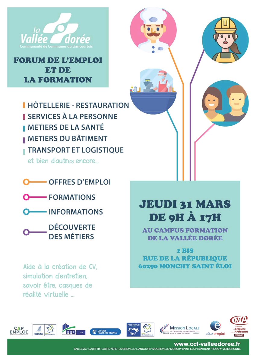 Forum de l'emploi et de la formation demain jeudi 31 mars de 9h à 17h au campus formation de la Vallée dorée sur le site du château de Monchy Saint Eloi. Nombreux postes à pourvoir et formations à découvrir !