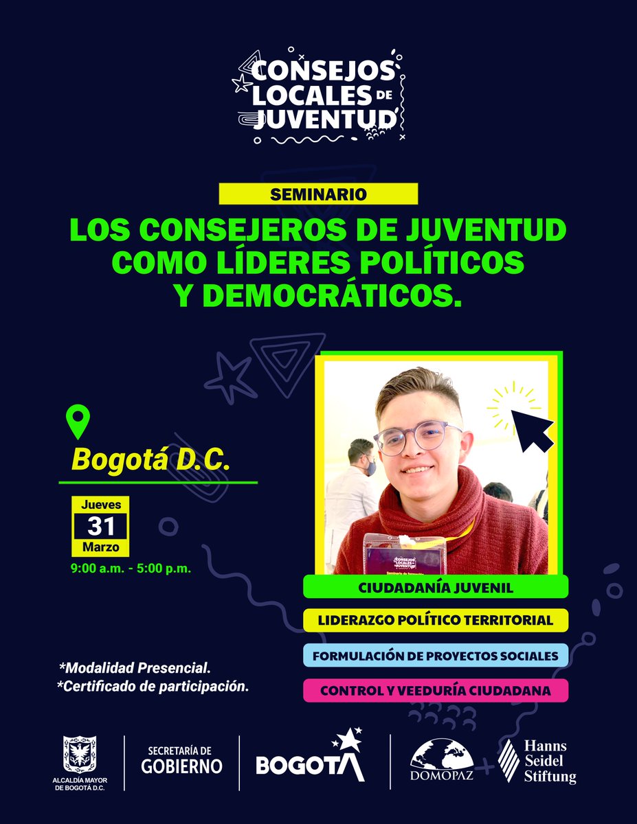 FUNDACIÓN DOMOPAZ (@domopaz) on Twitter photo SEMINARIO: CONSEJEROS DE JUVENTUD COMO LÍDERES POLÍTICOS Y DEMOCRÁTICOS.
Continuamos con el proceso de formación en liderazgo y democracia para los nuevos Consejeros de Juventud de Bogotá D.C.
<a href="/GobiernoBTA/">Secretaría de Gobierno</a> <a href="/HannsSeidelCol/">Hanns Seidel Stiftung Colombia</a> SEMINARIO: CONSEJEROS DE JUVENTUD COMO LÍDERES POLÍTICOS Y DEMOCRÁTICOS.
Continuamos con el proceso de formación en liderazgo y democracia para los nuevos Consejeros de Juventud de Bogotá D.C.
<a href="/GobiernoBTA/">Secretaría de Gobierno</a> <a href="/HannsSeidelCol/">Hanns Seidel Stiftung Colombia</a>