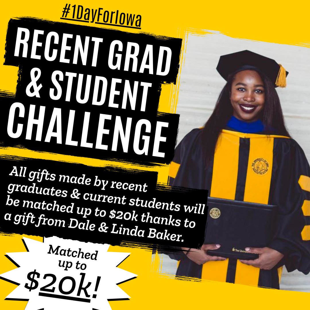 UI Graduate College (@uigradcollege) on Twitter photo All gifts made by recent grads ('12-'21) & current students will be matched up to $20K thanks to a gift from Dale Baker (68BBA) & Linda Baker (68BA)! 💰 Please considering donating today: rb.gy/eqaxa1 #1DayForIowa
<a href="/uiowa/">University of Iowa</a> | Thanks/congrats to <a href="/kdturnerphd/">Kristen D. Turner</a> for the pic! All gifts made by recent grads ('12-'21) & current students will be matched up to $20K thanks to a gift from Dale Baker (68BBA) & Linda Baker (68BA)! 💰 Please considering donating today: rb.gy/eqaxa1 #1DayForIowa
<a href="/uiowa/">University of Iowa</a> | Thanks/congrats to <a href="/kdturnerphd/">Kristen D. Turner</a> for the pic!