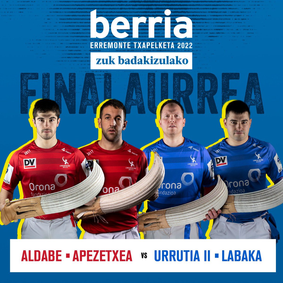 Larunbat honetan jokatuko da BERRIA erremonte txapelketaren azken finalerdia. 
Apirilak 2, 16:30tatik aurrera, Galarreta Jai-alai pilotalekuan.