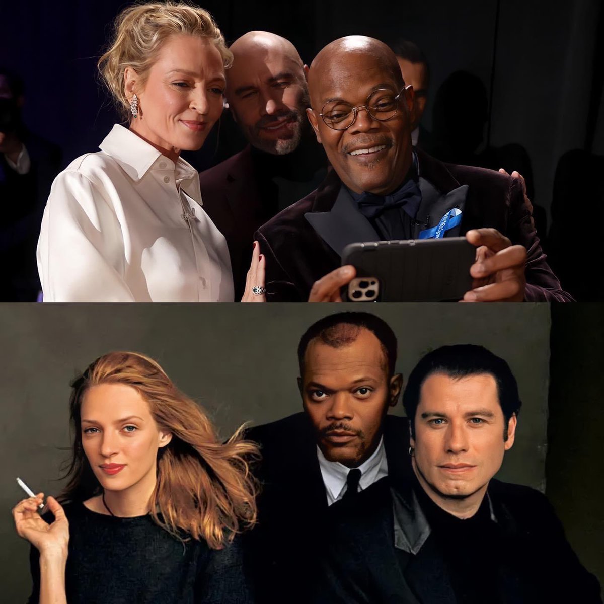 LookAtThemNow1's tweet photo. Pulp Fiction stars Samuel L. Jackson, John Travolta, and Uma Thurman reunited https://t.co/jdHV5FQosk