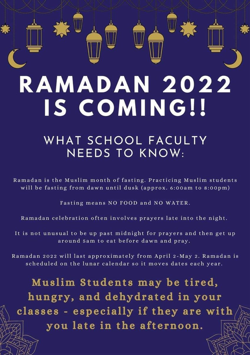 shabpoloz's tweet photo. Did you know Ramadan 2022 is coming? Muslim families around the world will be celebrating the holy month from sundown on April 2- to May 2. Please read these helpful tips if you work in a school. There are many books available to share with students, added in thread. @ahsd25 https://t.co/cMrAFHlh4h
