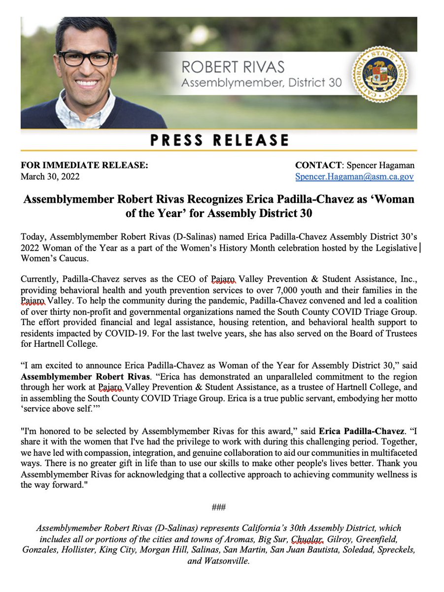 I am proud to recognize Erica Padilla-Chavez as #AD30's Woman of the Year for her unparalleled commitment to the region!

See the full press release below: