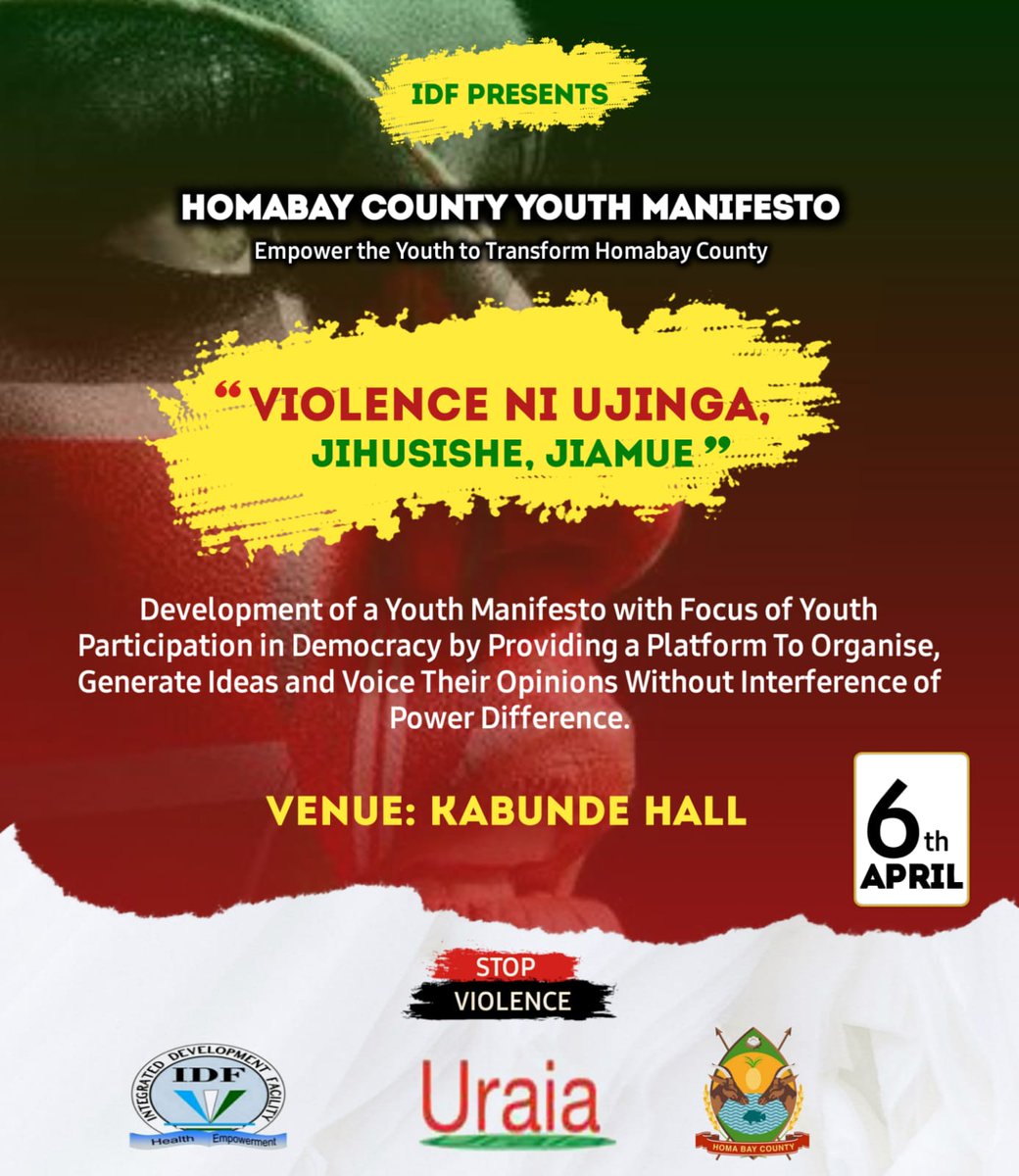 Join Homa Bay County Youths in expressing their voices, build relationships with political leaders, and break down socio-cultural and institutional barriers to participation by being part of the Manifestos creation process.
<a href="/idfkeny1/">Integrated Development Facility</a> <a href="/UraiaTrust/">Uraia Trust</a> <a href="/Power2YouthKe/">Power To Youth Kenya</a> <a href="/CsoHomabay/">@HomaBay CSO Network</a>