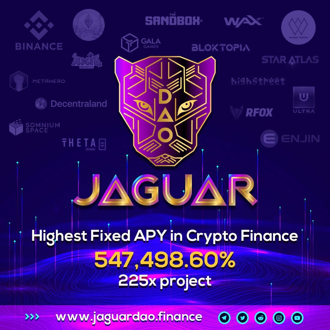Highest Fixed APY in Crypto – 547,498.60%
Auto Staking &amp; Auto Compounding, Metavers, NFTs, Mining, Game Play &amp; Earn, Ai Technology....
More details Check Our Official Social Media.
jaguardao.finance

Join Telegram - t.me/JaguarDao

#Jaguar #Jaguardao #TITANOfork