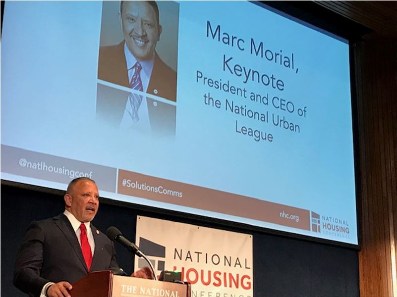 mhphousing's tweet photo. "We have got to centralize the idea that quality shelter…is a fundamental human right," said @NatUrbanLeague Prez/CEO @MARCMORIAL at @natlhousingconf keynote today. MHP & other orgs attending to learn new affordable housing comms strategies. #SolutionsComms @danalewinter https://t.co/8AlmaoRCk0