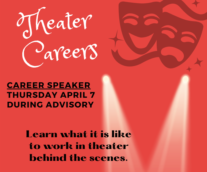 SVE_HS's tweet photo. Interested in Theater and the career opportunities it presents?  Join us during advisory on April 7th to talk with a professional from Hangar Theatre in Ithaca to learn more!  See your counselor to sign up. https://t.co/a2PvparPJL