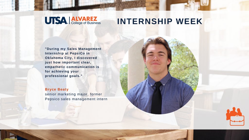 alvarez_ssc's tweet photo. Bryce, a senior marketing major, will share his advice with business students during our Internship Influencer Networking event on March 31! He completed a sales management internship with Pepsico. Check out what he learned below ⬇️ #UTSA #intern #studentsuccess #internshipweek https://t.co/foNbnLwb9p