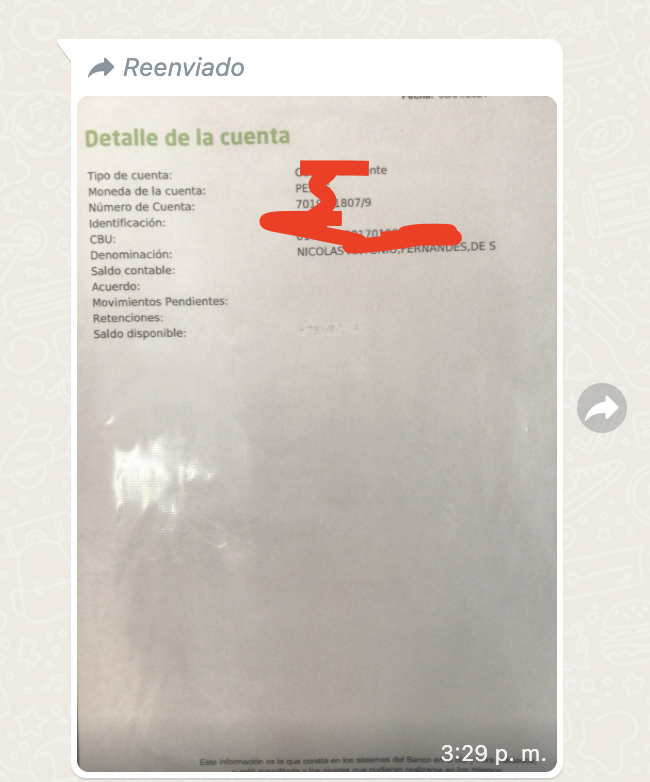 SirChandlerBlog's tweet photo. La educación financiera también tiene que incluir el envió en formato texto de los CBU 😞 
NO LA FOTO DE UNA HOJA TORCIDA https://t.co/KfqpVCJ2kS