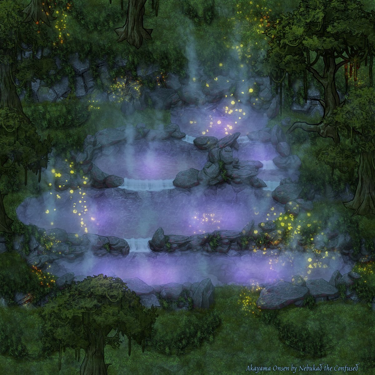 NebukadC's tweet photo. "At night when the moon is up and the fireflies are floating in the springs glow, it seems as if you can grasp the meaning of it all."
#nightmap #fantasymap #dndmap #inkarnate https://t.co/szKrFPlKXo