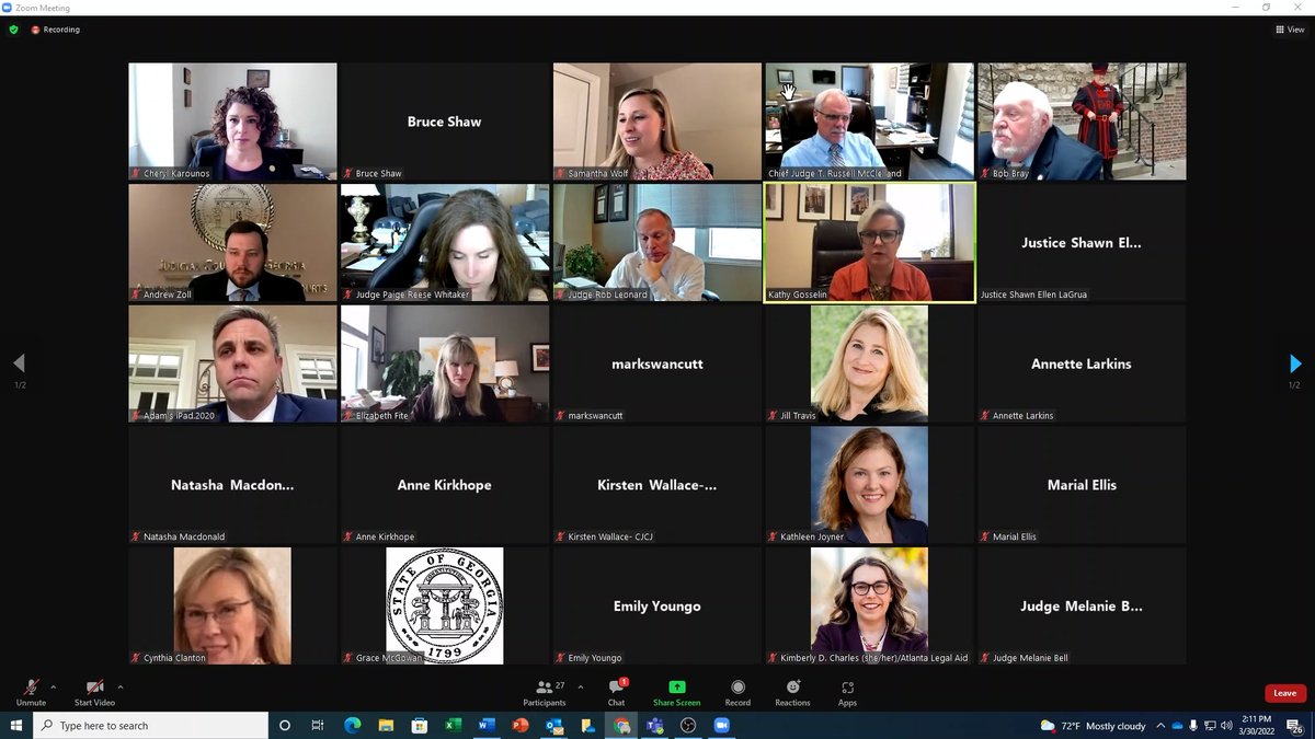 GACourts's tweet photo. The Judicial COVID-19 Task Force, chaired by Justice Shawn Ellen LaGrua, met today to discuss the work of the its four working groups (civil, criminal, tech, and family) in developing a new pandemic bench book. https://t.co/gxBNMiGNTT