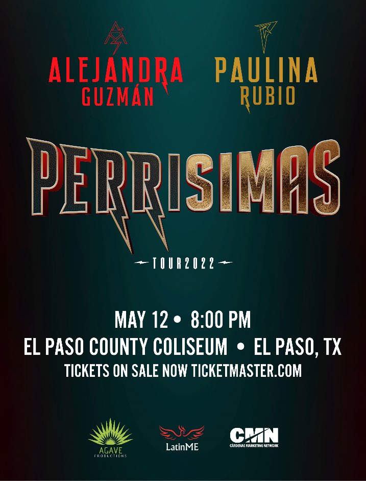 LatinMusicEnt's tweet photo. No te pierdas PERRISIMAS TOUR 2022 con
Alejandra Guzman &amp; Paulina Rubio
Este proximo 12 de Mayo 8PM en El Coliseo de El Paso

Boletos ya a la venta en taquillas o en https://t.co/i7GJEIlFxw

#AlejandraGuzman #PaulinaRubio #ElPasoTexas
@Al3jandraGuzman @paulinarubio https://t.co/436qoVXBOX