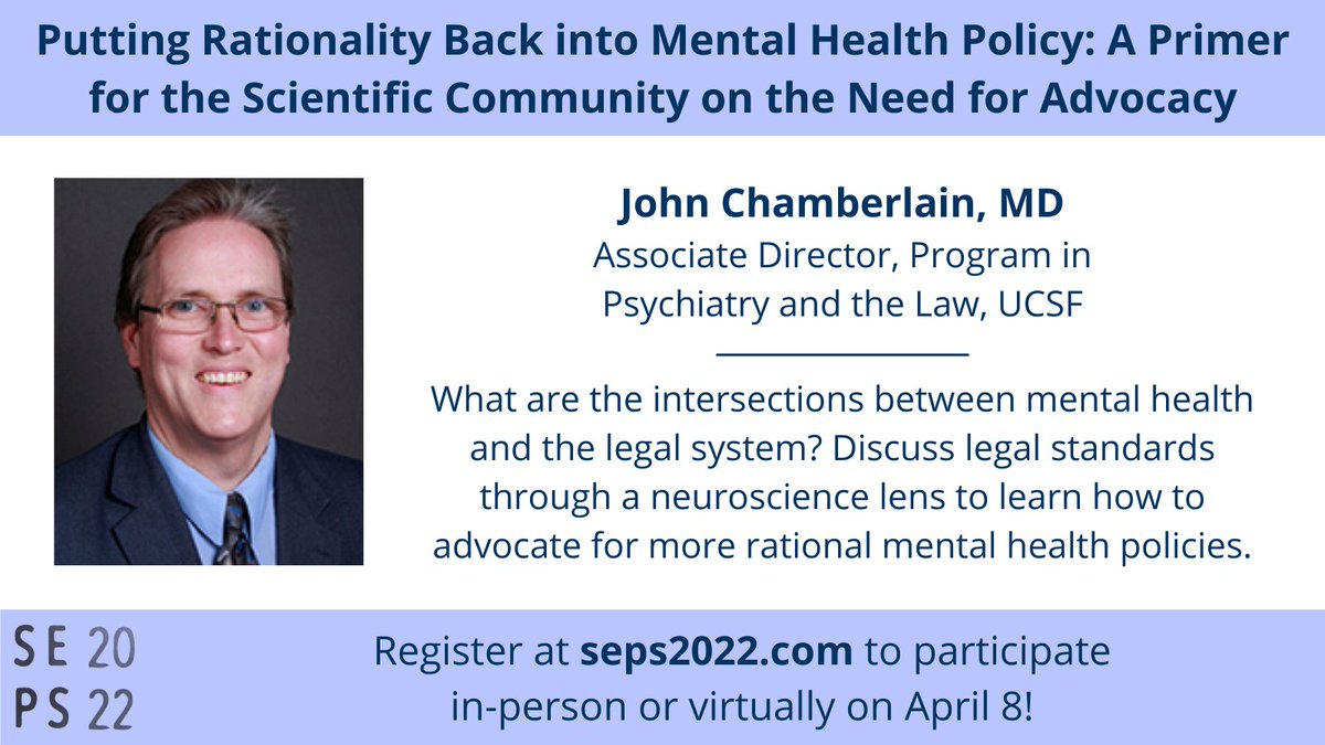 Science Policy Group at Berkeley (@ucb_scipolicy) on Twitter photo John Chamberlain from <a href="/UCSFPsychiatry/">UCSF Psychiatry and Behavioral Sciences</a> will lead a workshop on the intersection between mental health and the legal system on 4/8 at 10.50am PT. (3/5) John Chamberlain from <a href="/UCSFPsychiatry/">UCSF Psychiatry and Behavioral Sciences</a> will lead a workshop on the intersection between mental health and the legal system on 4/8 at 10.50am PT. (3/5)