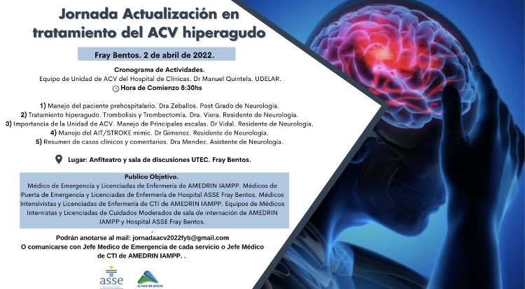 Excelente actividad coordinada por la Dra. Tammara Méndez con la participación de Dres. Zeballos, Viera, Vidal y Gimenez de la Unidad de ACV del <a href="/hcmquintela/">Hospital de Clínicas Dr. Manuel Quintela</a> Éxitos.
<a href="/MendezTamma/">Tamma Mendez</a> <a href="/Mariuzeballos/">Mariú</a> et al.