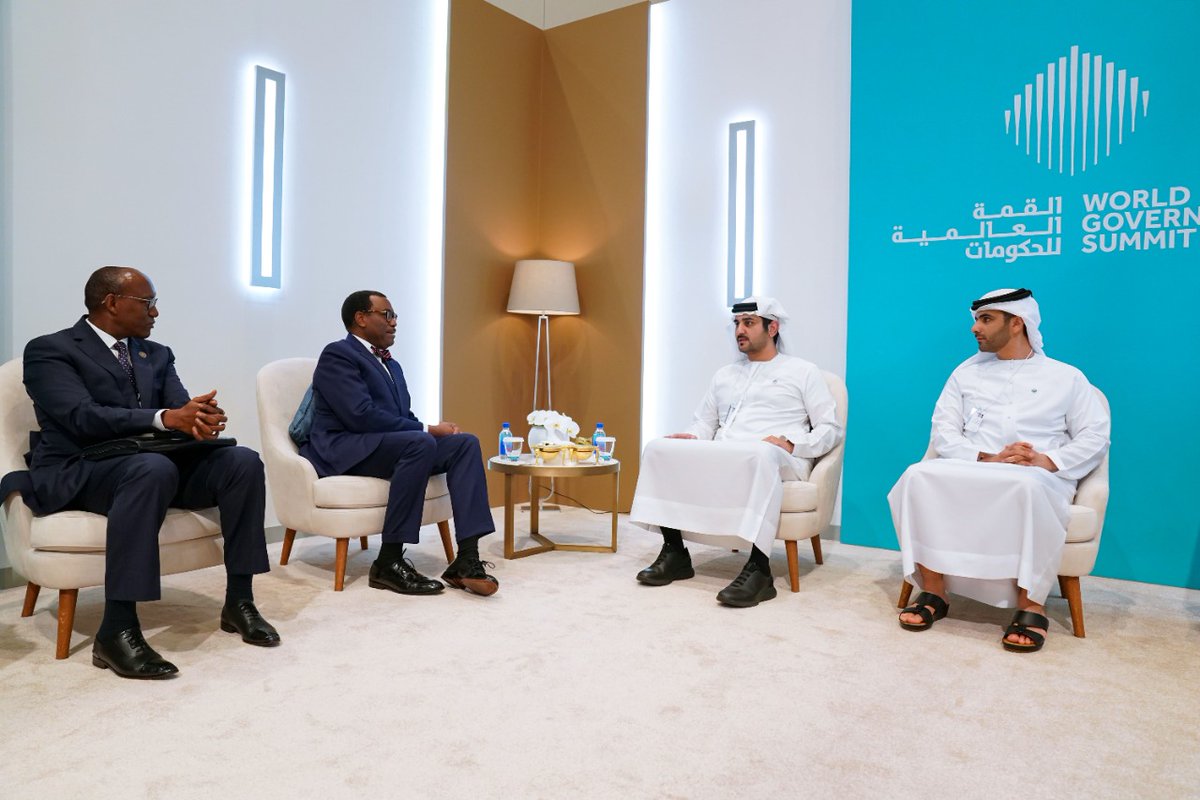 DXBMediaOffice's tweet photo. .@MaktoumMohammed meets with Akinwumi Adesina, President of the African Development Bank Group, on the sidelines of the #WorldGovSummit (WGS 2022), taking place at @expo2020dubai. https://t.co/j3BYm7jTnS