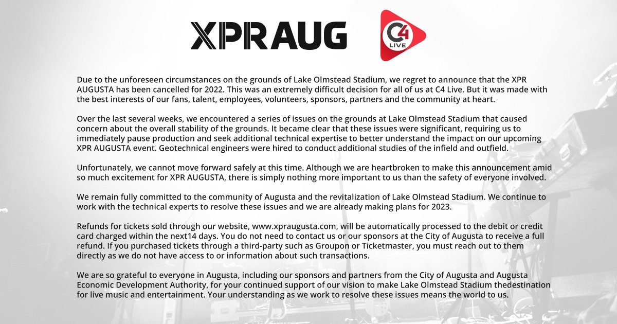 STATEMENT FROM C4 LIVE MANAGING PARTNERS
MICHAEL PERRY AND GREG COSTELLO REGARDING XPR AUGUSTA CONCERT SERIES