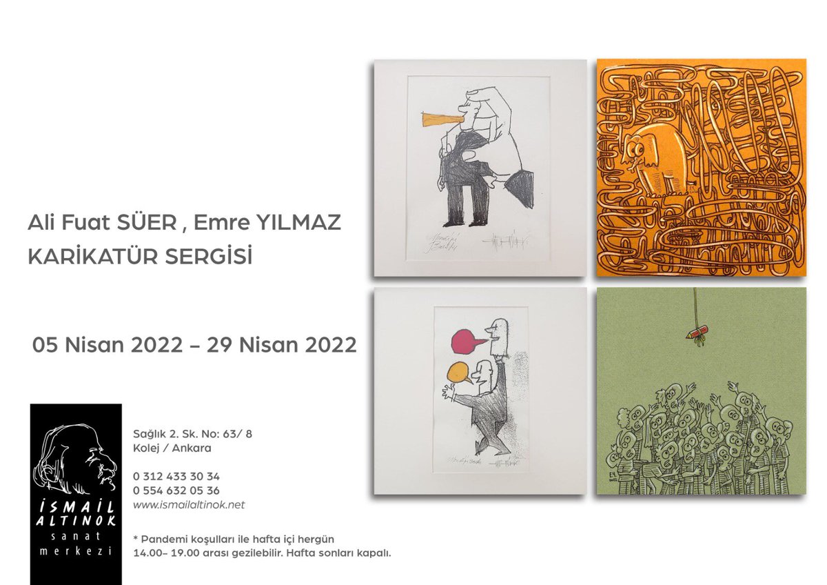 karikatüratölyesi (@karikaturatolye) on Twitter photo Ali Fuat Süer ve Emre Yılmaz Karikatür Sergisi 5 Nisan’da Açılıyor.
5 Nisan Salı günü 14.00-19.00 saatleri arası açılışı yapılacak olan sergiye tüm sanatseverler davetlidir.
Adres: Sağlık 2 Sokak No:63/8 Kolej/Ankara
#Karikatür #sergi #sanataevet #sanat #mizah <a href="/emreyilmaz_EY/">emre yılmaz</a> Ali Fuat Süer ve Emre Yılmaz Karikatür Sergisi 5 Nisan’da Açılıyor.
5 Nisan Salı günü 14.00-19.00 saatleri arası açılışı yapılacak olan sergiye tüm sanatseverler davetlidir.
Adres: Sağlık 2 Sokak No:63/8 Kolej/Ankara
#Karikatür #sergi #sanataevet #sanat #mizah <a href="/emreyilmaz_EY/">emre yılmaz</a>