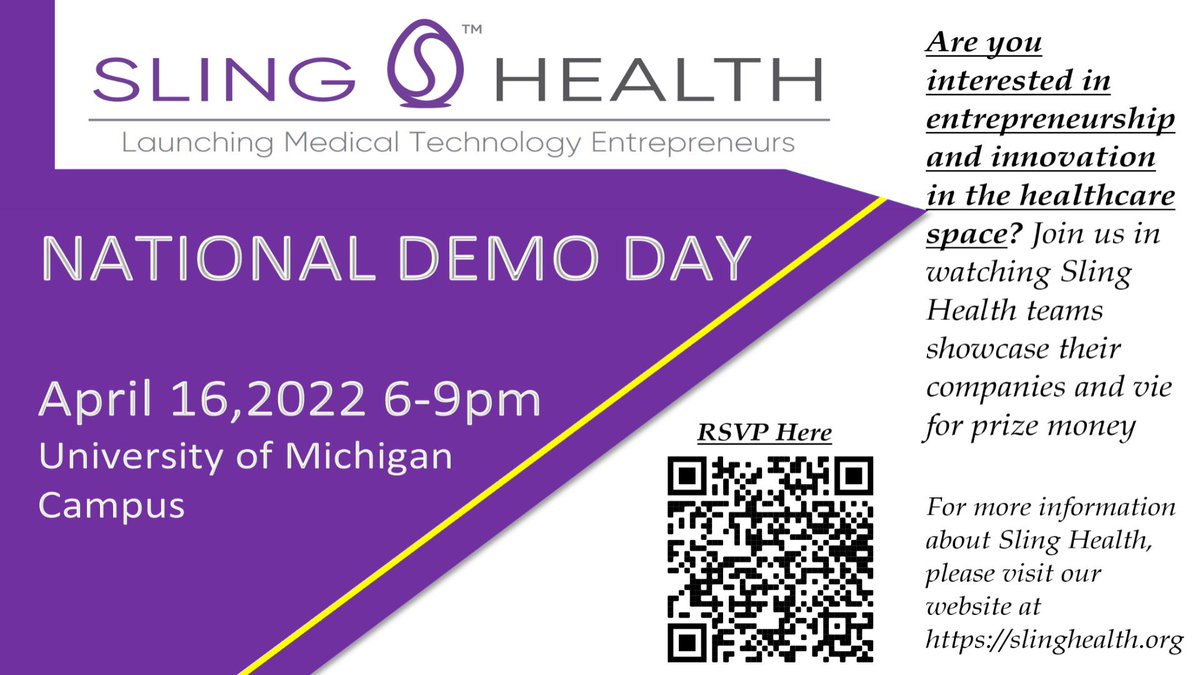 SlingHealth's tweet photo. To all students interested in med-tech: Join us for our annual National Demo Day on April 16th at @UMich. Come see top teams pitch, network with KOLs, and listen to our keynote speaker, Dr. Robert H. Bartlett, known for his work on the heart-lung machine! https://t.co/o6eunejvPL