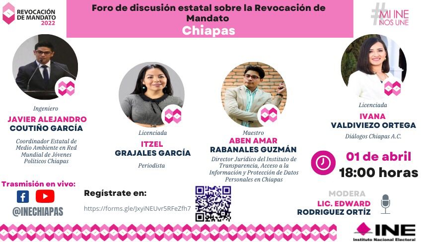 INE Chiapas (@ine_chiapas) on Twitter photo 🗣 No te puedes perder el SEGUNDO FORO ESTATAL sobre la #RevocaciónDeMandato que <a href="/INE_Chiapas/">INE Chiapas</a> organiza para este ejercicio de participación.
📍La cita es el 1/ABR a las 18 hrs.
💻Regístrate 👉 forms.gle/T1WHpY8JeubJw8…
Podrás seguir la transmisión en #Fb y #YouTube de INECHIAPAS. 🗣 No te puedes perder el SEGUNDO FORO ESTATAL sobre la #RevocaciónDeMandato que <a href="/INE_Chiapas/">INE Chiapas</a> organiza para este ejercicio de participación.
📍La cita es el 1/ABR a las 18 hrs.
💻Regístrate 👉 forms.gle/T1WHpY8JeubJw8…
Podrás seguir la transmisión en #Fb y #YouTube de INECHIAPAS.