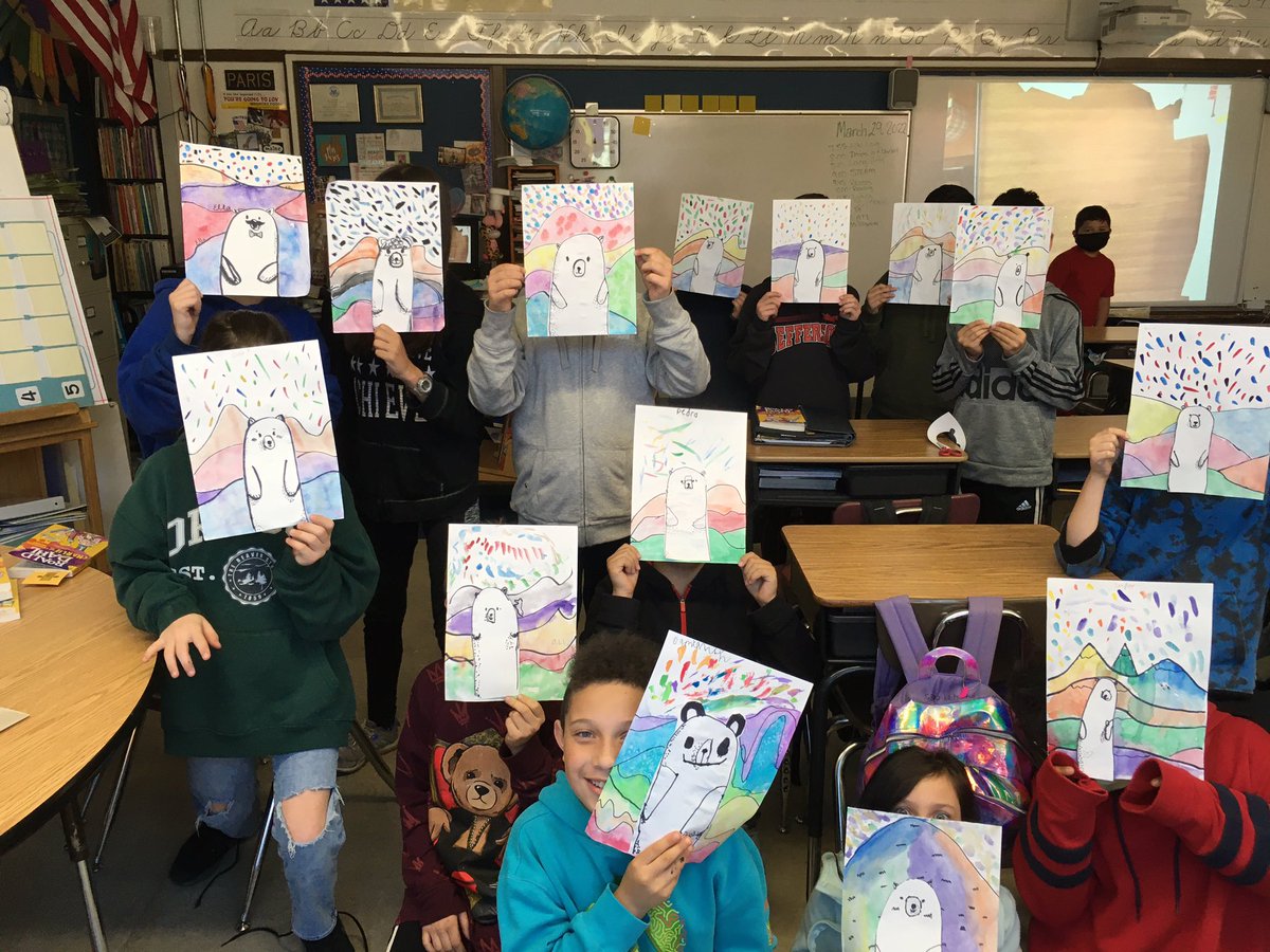 makeSTEAMfun's tweet photo. Jefferson 4th graders read #TheDot by @peterhreynolds and then painted a “polar bear in a snowstorm” using wet-on-wet, dry-on-dry and even some magical salt. Lots of science in art. #deepspacesparkle #msdlearns https://t.co/uGAzKFISFL