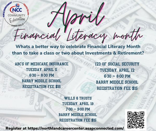 communityedNCC's tweet photo. Get ahead of the game by taking an investment & retirement class with us at Barry Middle School.
#letslearnmore #communityeducation #financialliteracymonth #investmentsandretirements #willsandtrusts #medicareinsurance #socialsecurity https://t.co/v1fyAySQqY