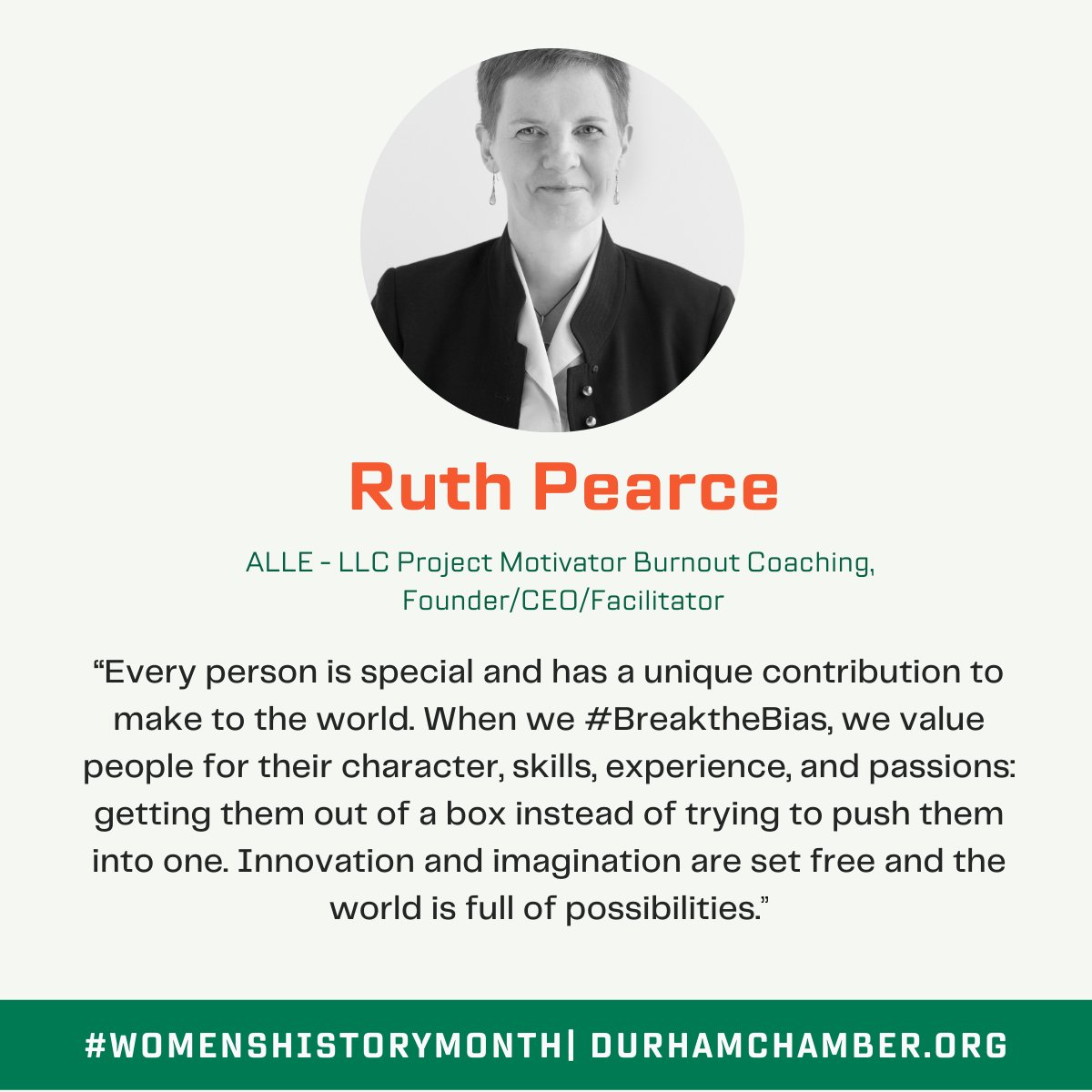 DurhamChamber's tweet photo. Women's History Month Spotlight:
@PM_BoC Ruth Pearce, Founder/CEO/Facilitator, ALLE - LLC Project Motivator Burnout Coaching, shares her perspective on #breakthebias.

#WomensHistoryMonth #bullcity #downtowndurham #durham #durhamnc #localbusinesses #shoplocaldurham #smallbusiness https://t.co/JiQBeaevY7