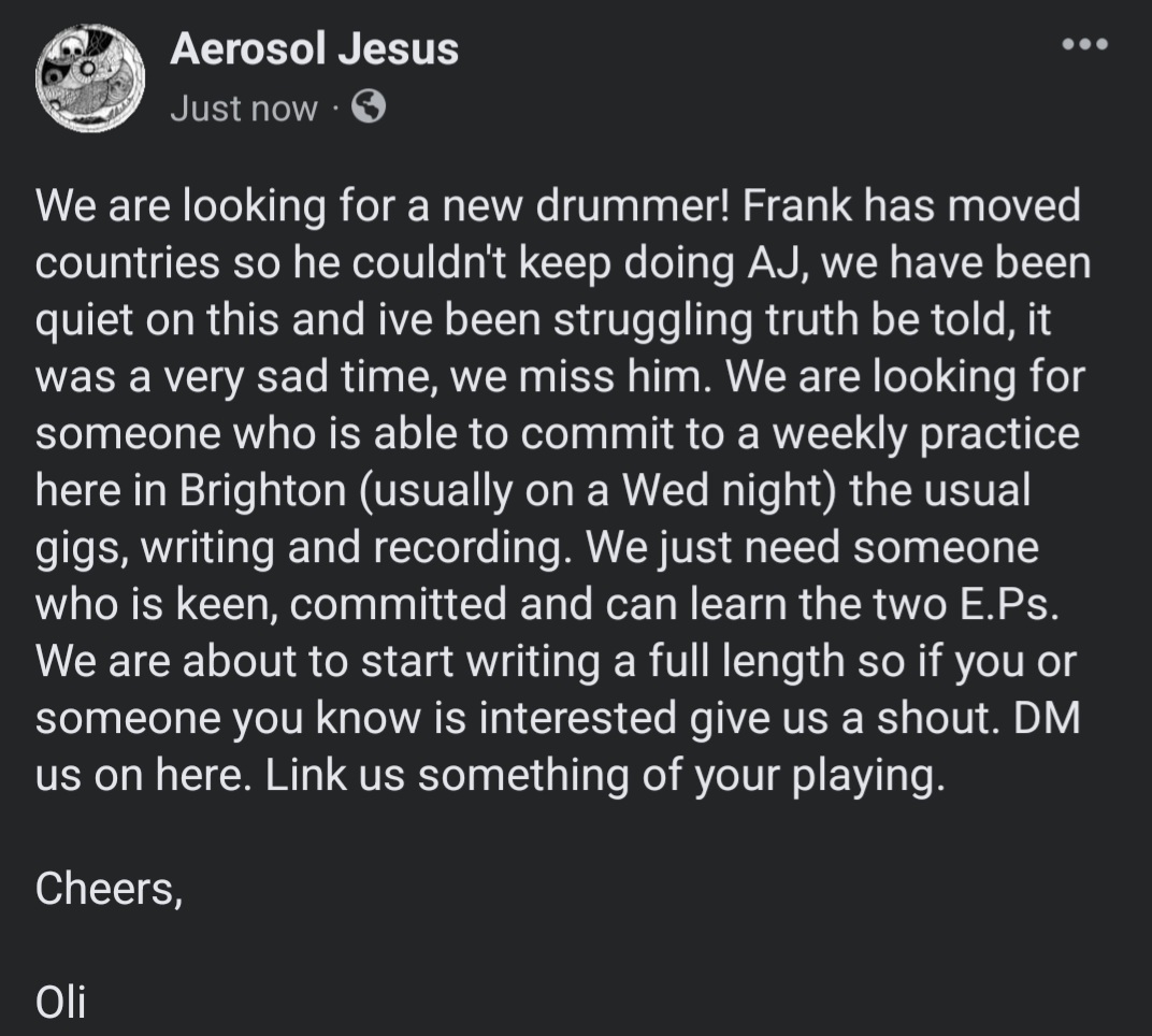 Hey folks we are looking for a new drummer feel free to DM me on here