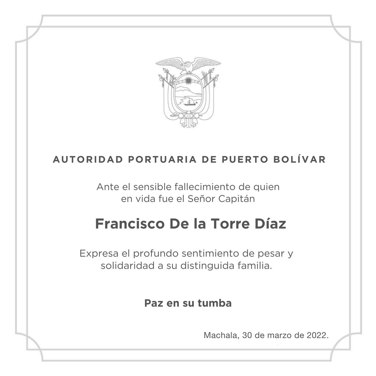 Puerto_APPB's tweet photo. Nota de Condolencia🕊

Ante el sensible fallecimiento del Señor Cap. Francisco De la Torre Díaz, @Puerto_APPB expresa su nota de pesar y solidaridad a toda su familia, en especial a quienes conforman la Compañía de Practicaje SouthPilots.

Paz en su Tumba ✝️ https://t.co/cBJl7uT9fB