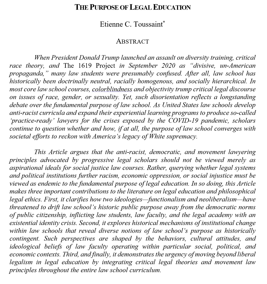 etienne toussaint ✊🏽 (@proftoussaint) on Twitter photo I think I forgot to mention that my article on the value of critical race theory (and other critical theories of law) to legal education will be coming out in 2023 in the <a href="/CalifLRev/">California Law Review</a> I think I forgot to mention that my article on the value of critical race theory (and other critical theories of law) to legal education will be coming out in 2023 in the <a href="/CalifLRev/">California Law Review</a>
