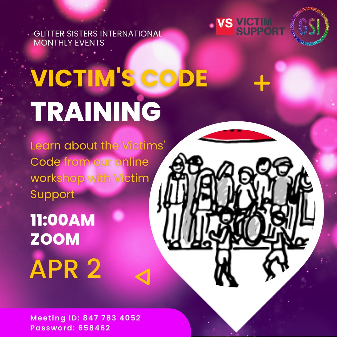 🌈OPEN TO ALL LGBTQ+ WOMXN OF COLOUR🌈

Please join our Glitter Sisters x @VictimSupport workshop on the #VictimsCode this Saturday, 11am!

Join us on this Zoom link at cardiff.zoom.us/j/8477834052?p…

Share widely and see you there! 👋