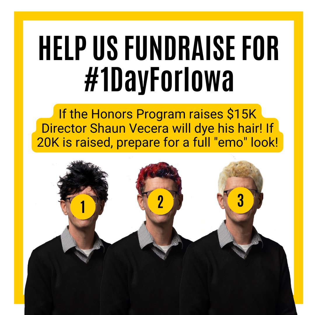 ProfVecera's tweet photo. Apparently I opened my mouth and agreed to this. Support the Iowa Honors Program during #1DayForIowa if you'd like me to color my grey roots:  https://t.co/puAEEVrgiq https://t.co/P2cyUngRyt