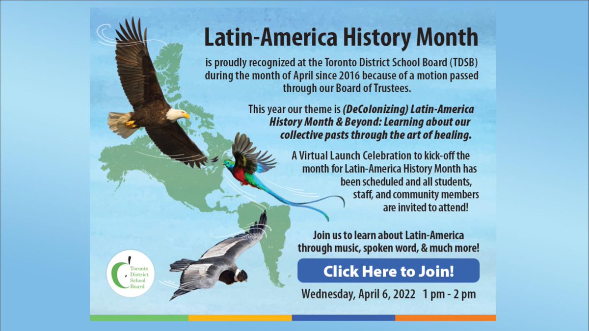 tdsbTR's tweet photo. In April we recognize Latin-America History Month. We invite you to learn more about the many aspects of Latin-American culture and heritage with these resources. https://t.co/DCCBGY819t https://t.co/eX9bURotbh