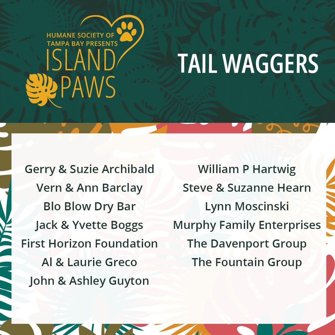 HumaneTampaBay's tweet photo. THANK YOU 🐶 The #HumaneSociety of #Tampa Bay is thrilled to shine a light on our #IslandPaws "Tail Waggers"! 🌺 In 2021 we saved 13K+ #animals, which was only possible with support, like this, from our #community. This Friday we #party with a #purpose, to save them all. 💖🥂 https://t.co/3g97wUEvAd