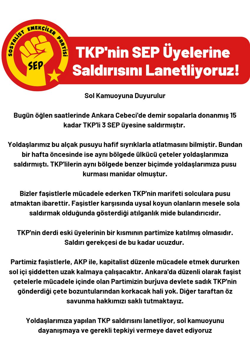 SEPmedya's tweet photo. TKP'nin üyelerimize saldırısını Lanetliyoruz!
Sol kamuoyuna duyurulur. https://t.co/SX9L1hYnZc