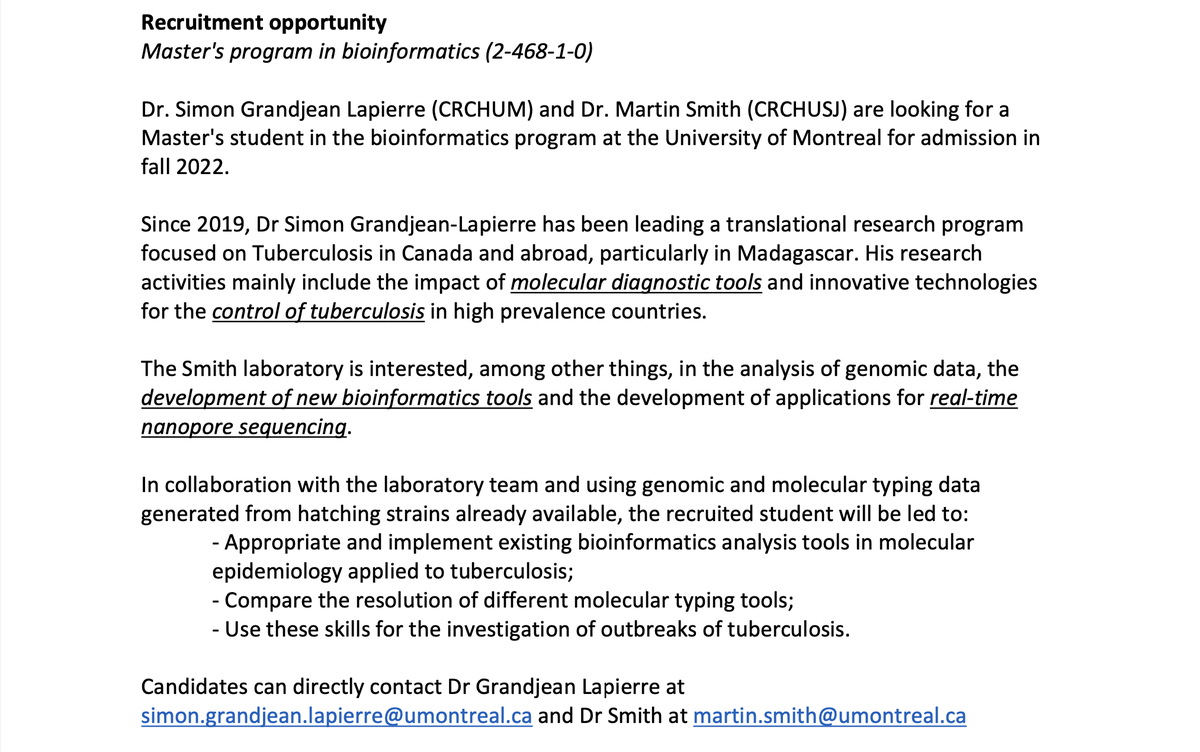 martinalexsmith's tweet photo. Nerd alert! 🦠🤓🧬 @SimonGLapierre and I are seeking a Master's #student for the #bioinformatics program at @UMontreal  to work on rapid molecular profiling of #tuberculosis using #nanopore sequencing. https://t.co/0ehdJUDvOZ