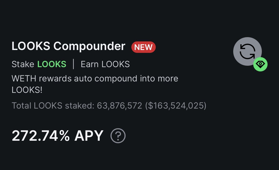That escalated quickly.

Over 20% of all staked $LOOKS are now in the new compounder.

Compounding is happening every 3 minutes or so.

That means every 3 mins all the WETH earned is being used to buy LOOKS from the market for restaking.