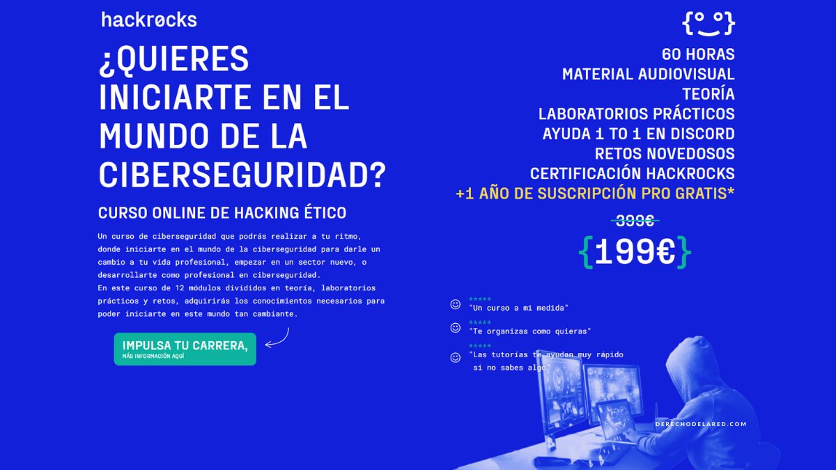 DerechodelaRed's tweet photo. 🚨 ¡#SORTEO! 🚨

¡Una plaza para el Curso de Hacking Ético de @hackrocks_ junto con un año de suscripción PRO a la plataforma todo ello valorado en 199€ 🤑!

Para participar: 

🔁RT a este tuit
👥Sigue a @DerechodelaRed y @hackrocks_ 

🗓 Tienes hasta el 6 de abril a las 23:59h https://t.co/WU9AzTwEjo