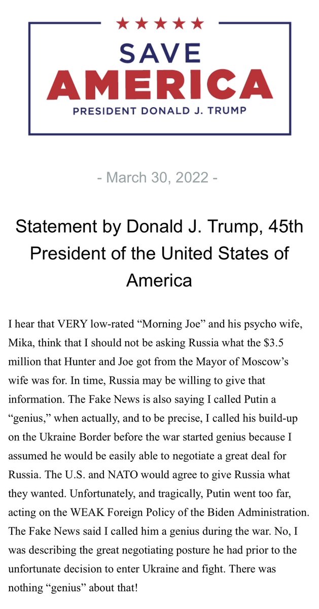 realLizUSA's tweet photo. NEW!

President Donald J. Trump:

“hear that VERY low-rated “Morning Joe” and his psycho wife, Mika, think that I should not be asking Russia what the $3.5 million that Hunter and Joe got from the Mayor of Moscow’s wife was for. In time, Russia may be willing to give that… https://t.co/Rb6b9PquIM