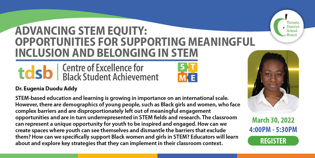 tdsb_cebsa's tweet photo. Starting soon! Join us for a session with Chemist &amp; CEO of Visions of Science Network for Learning, @EugeniaDuodu

Advancing STEM Equity: Opportunities for Supporting Meaningful Inclusion and Belonging in STEM.

March 30
4 - 5:30 p.m.
https://t.co/FTbZQuNQkI

#tdsbcebsa @tdsb https://t.co/bhmfMHP68w