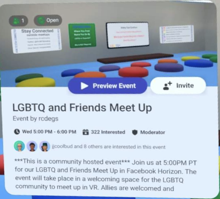 Join us Wednesdays <a href="/Vrlgbtqmeetup/">VR LGBTQ Meet up</a> in <a href="/altspacevr/">AltspaceVR</a> AltVR Early Meetup -12:00 PM account.altvr.com/events/1959082… and our  Late Meetup - 6:00 PM account.altvr.com/events/1959082… and  come join us in Facebook Horizon Meetup -  5:00 PM