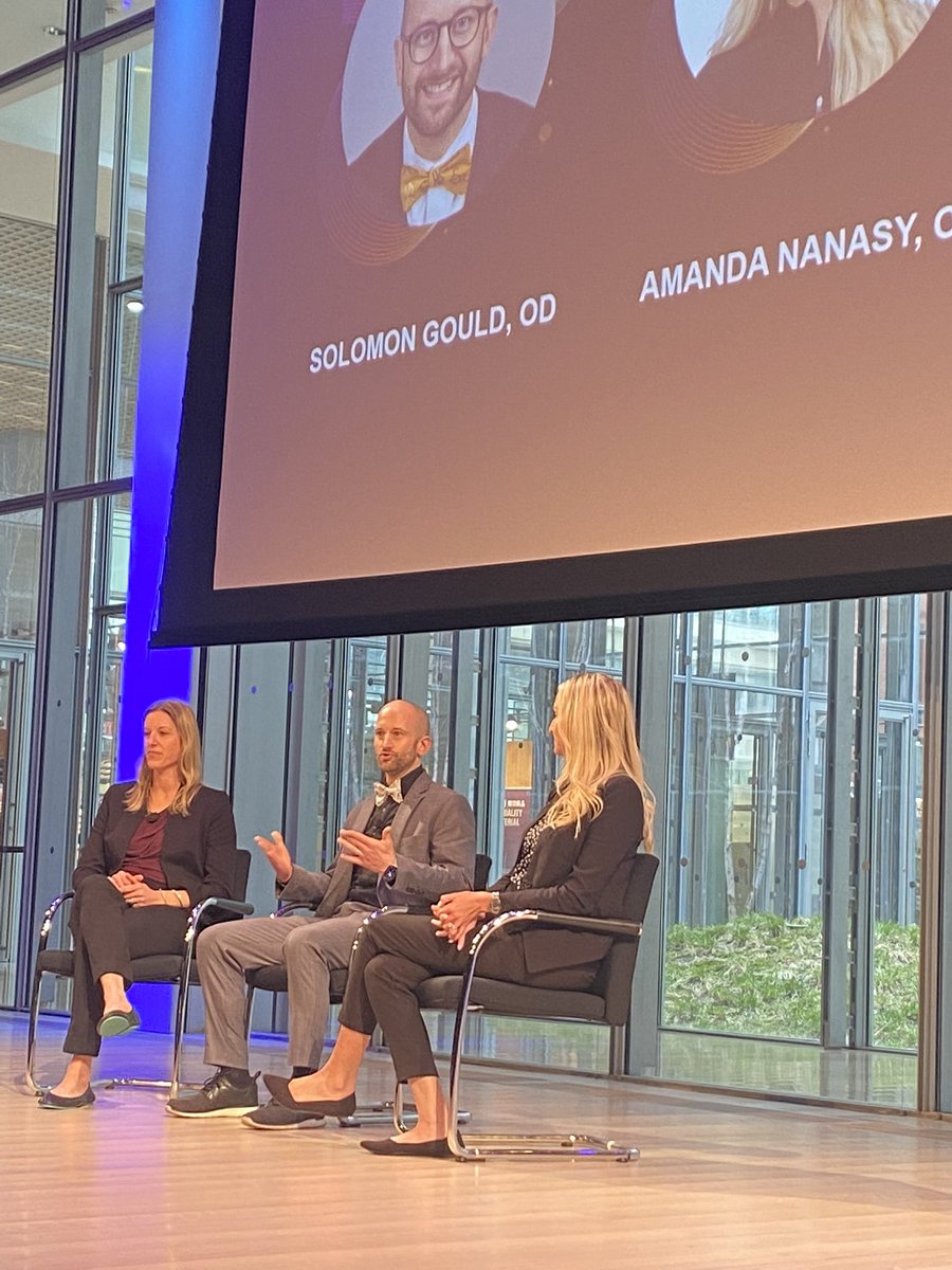 VisionMonday's tweet photo. Solomon Gould, OD, Amanda Nanasy, OD and Jennifer Stewart, OD sit down for a panel discussion about how technology is changing their practices #VMSUMMIT https://t.co/HIdEiFjWox