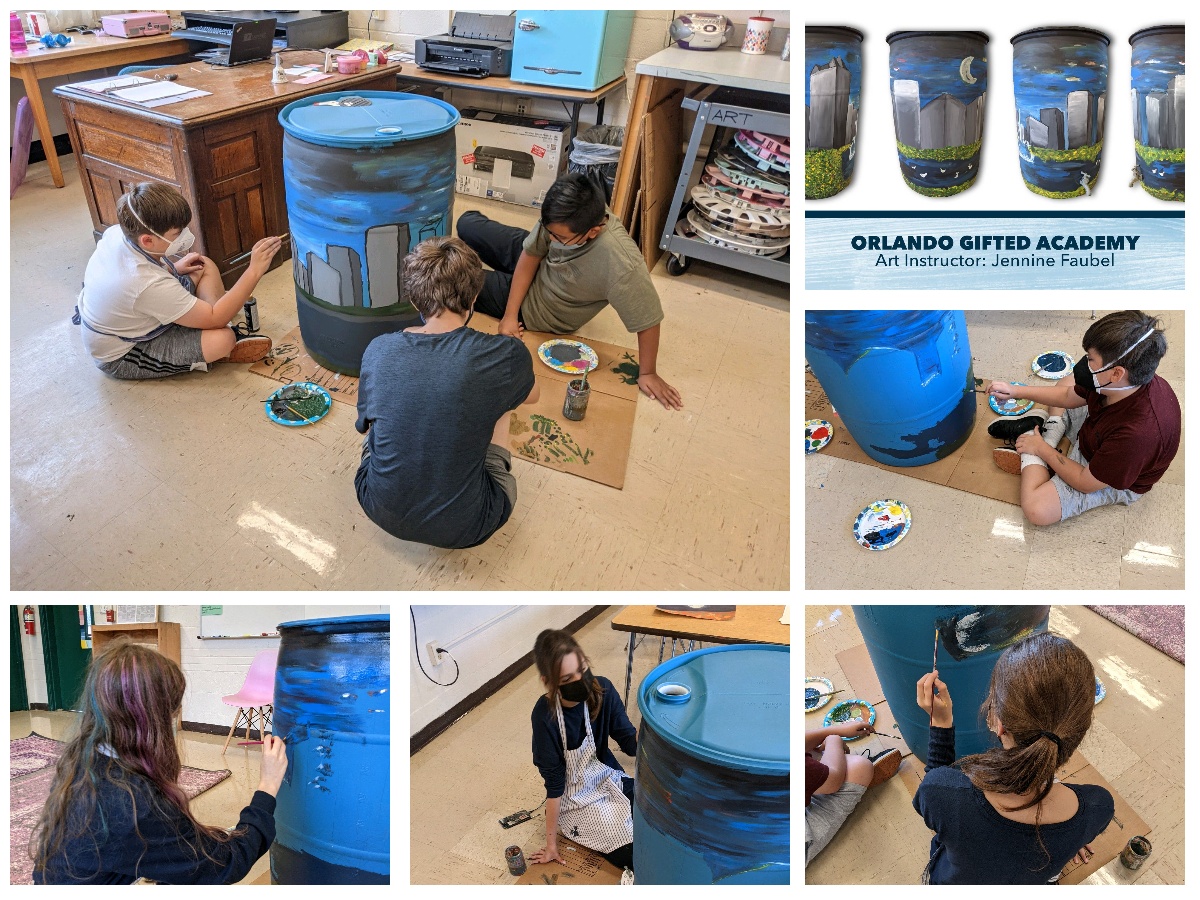 OGAOCPS's tweet photo. Art 2 students participated in the @OUCReliableOne Water Color Project. They learned about water conservation & painted an Orlando themed rain barrel, which is on display at CityArts in @DWNTWN_ORLANDO. Congratulations to our fabulous artists! #ocpsArts #ThePlaceForYou https://t.co/KgcfapoVjR