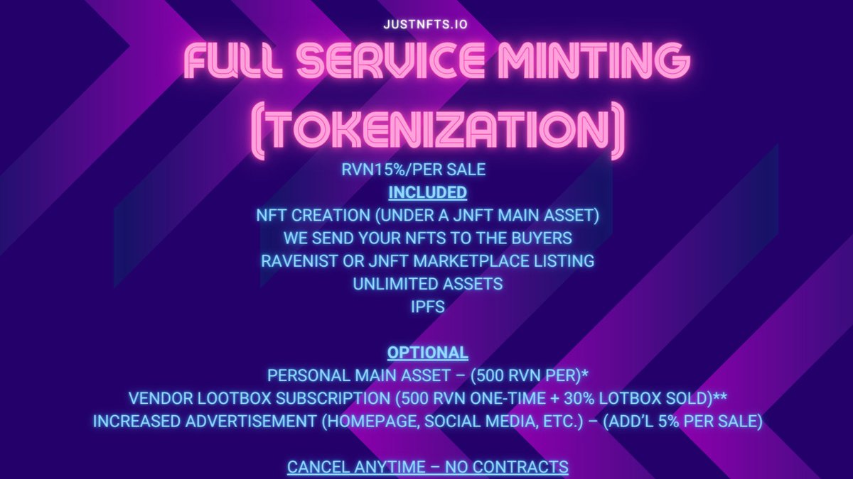 Just_NFTs's tweet photo. We have a full minting service see image below! #JustNFTs #NFTs #NFTCommunity #NFTMarketplace #Minting #IPFS #Ravencoin #JustNFTs #Mintingservice #Crypto #Cryptocurrency https://t.co/maq4pwRtGy