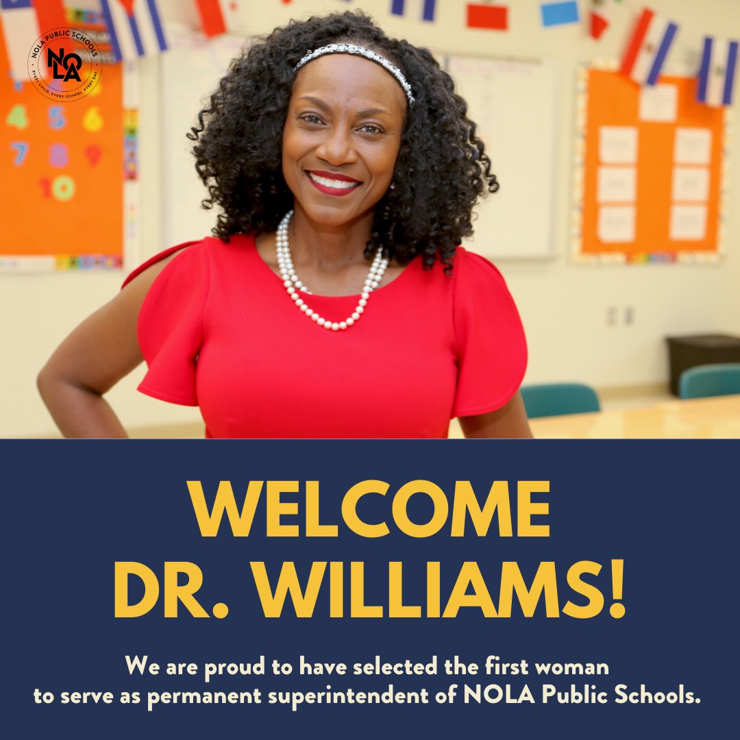 NOLAPSchools's tweet photo. Welcome Dr. Avis Williams to the NOLA-PS Family! We are proud to have selected the first woman 
to serve as permanent superintendent of NOLA Public Schools. https://t.co/zwzo5jLPSb
