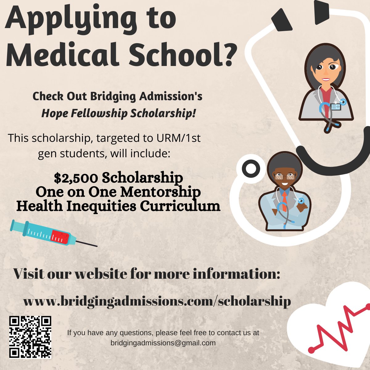 This is a reminder that our Hope Fellowship application, which provides a $2,500 stipend that covers medical school application related expenses, is open until April 2nd at 11:59p PT #premed #scholarship 
bridgingadmissions.com/scholarship