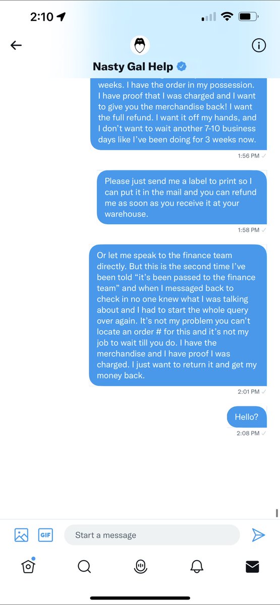 lyderally_'s tweet photo. @NastyGal @NastyGalHelp never been more disrespected by a company in my life. i haven’t had a complete conversation with someone yet..even 3 weeks later. you owe me a refund, and then i’m never shopping here ever again. https://t.co/QnQNrIwHeF